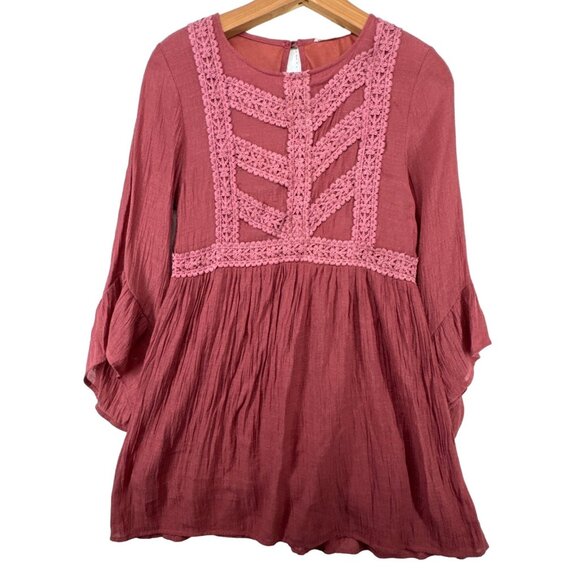 entro Dresses & Skirts - Entro Mini Dress S Brick Red Crochet Trim Boho Ruffled Babydoll Hippie Festival